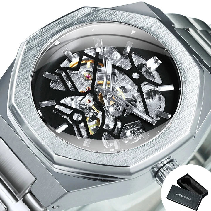 GEWINNER Schwarz Gold Skeleton Mechanische Uhren für Männer Mode unregelmäßige Automatische Uhr Luxus Marke Edelstahl Armband 2023