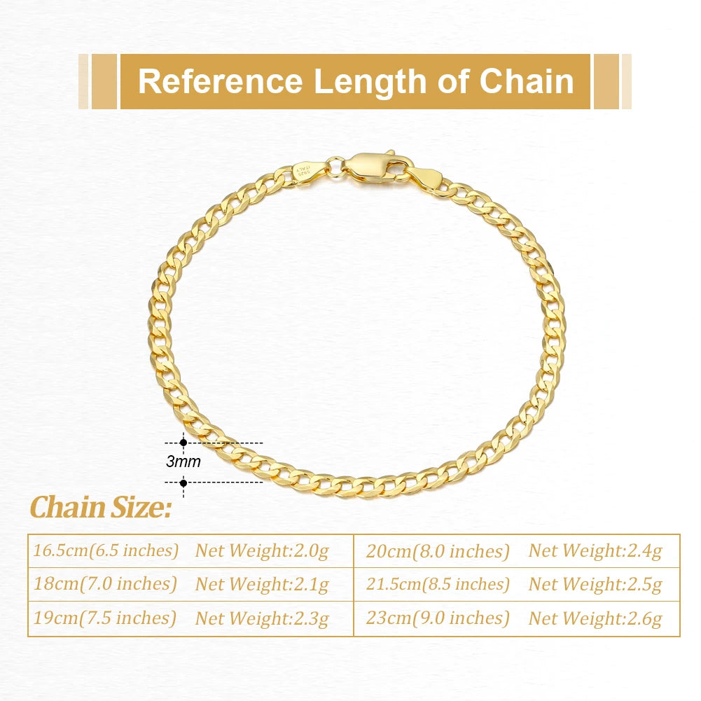 Rinntin 18 Karat Gold über 925er Sterlingsilber, 3 mm, italienisches kubanisches Kettenarmband für Damen und Herren, trendiges Silberarmband, Schmuck SB123
