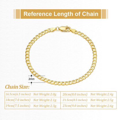 Rinntin 18 Karat Gold über 925er Sterlingsilber, 3 mm, italienisches kubanisches Kettenarmband für Damen und Herren, trendiges Silberarmband, Schmuck SB123