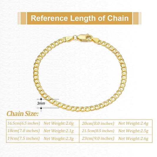 Rinntin 18 Karat Gold über 925er Sterlingsilber, 3 mm, italienisches kubanisches Kettenarmband für Damen und Herren, trendiges Silberarmband, Schmuck SB123