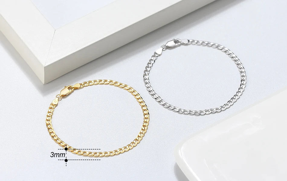 Rinntin 18 Karat Gold über 925er Sterlingsilber, 3 mm, italienisches kubanisches Kettenarmband für Damen und Herren, trendiges Silberarmband, Schmuck SB123