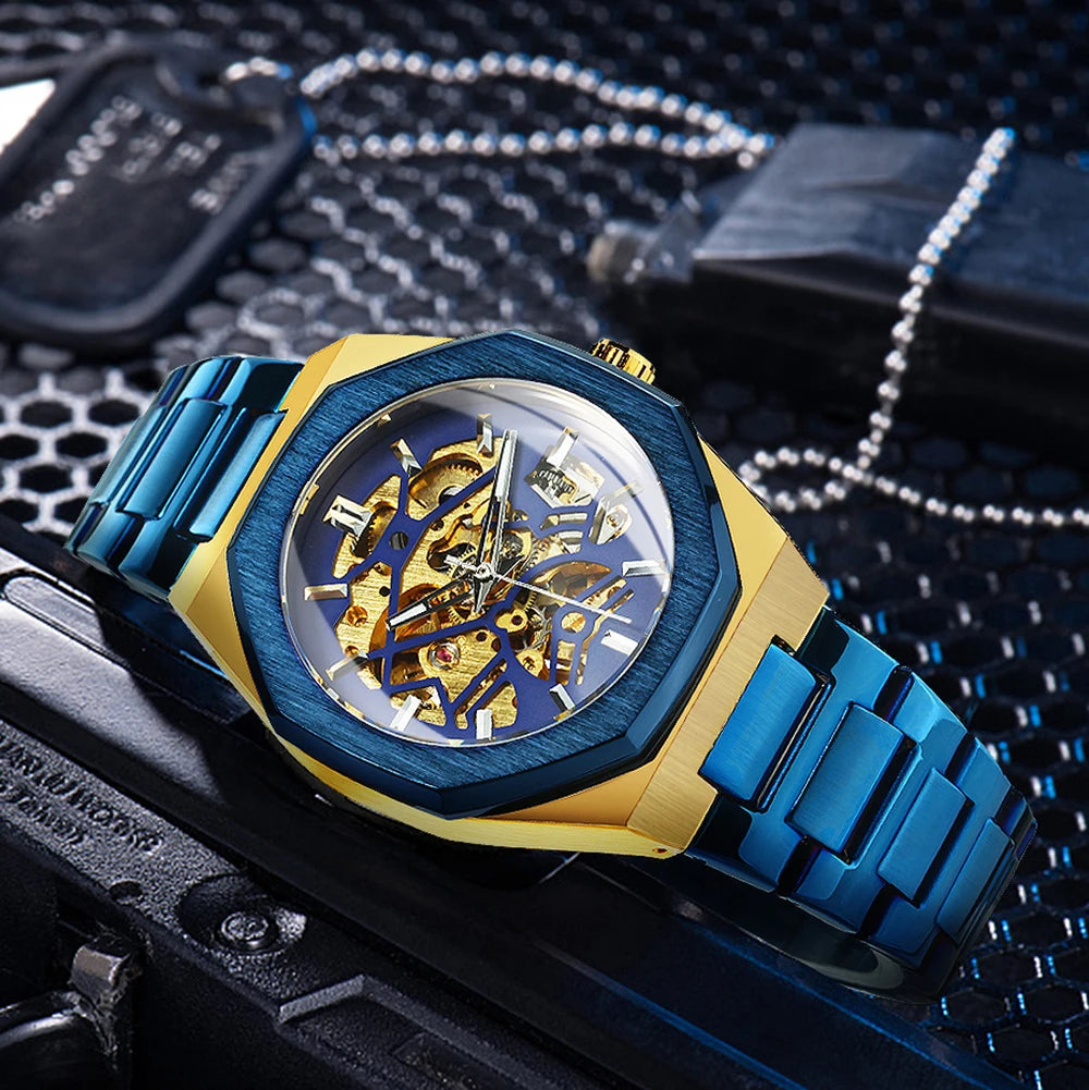 GEWINNER Schwarz Gold Skeleton Mechanische Uhren für Männer Mode unregelmäßige Automatische Uhr Luxus Marke Edelstahl Armband 2023