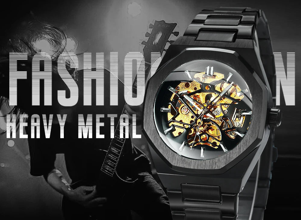 GEWINNER Schwarz Gold Skeleton Mechanische Uhren für Männer Mode unregelmäßige Automatische Uhr Luxus Marke Edelstahl Armband 2023
