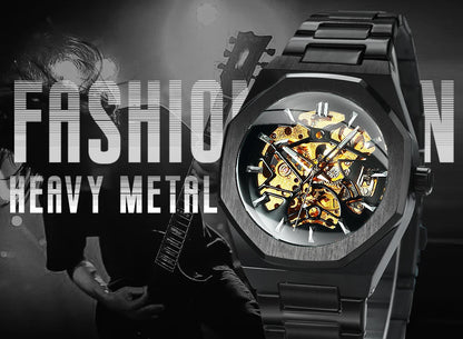 GEWINNER Schwarz Gold Skeleton Mechanische Uhren für Männer Mode unregelmäßige Automatische Uhr Luxus Marke Edelstahl Armband 2023