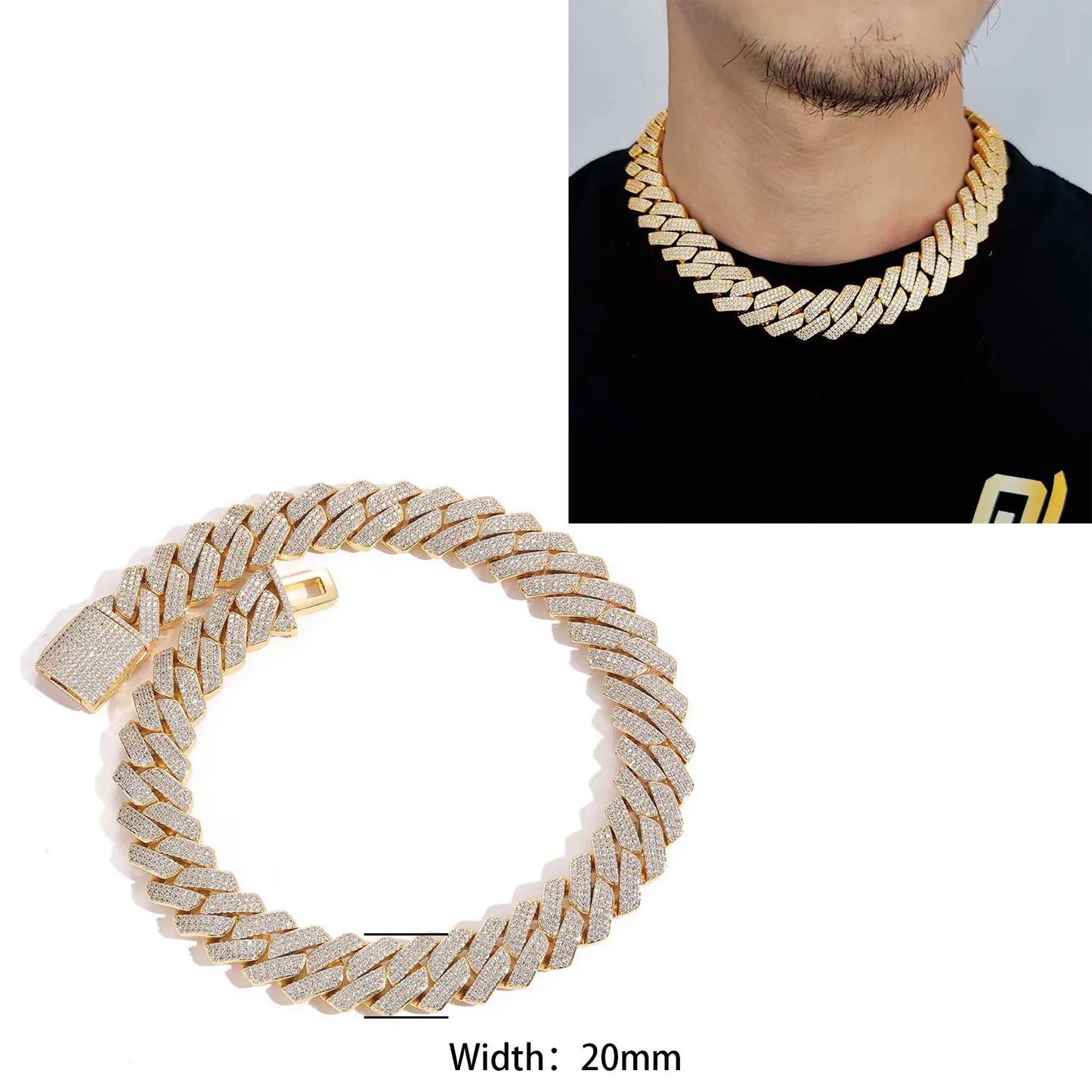 Iced Out 10-20mm Men's Miami Cuban Link Necklace Hip Hop CZ Zirconia Bling Prong Cuban Chain