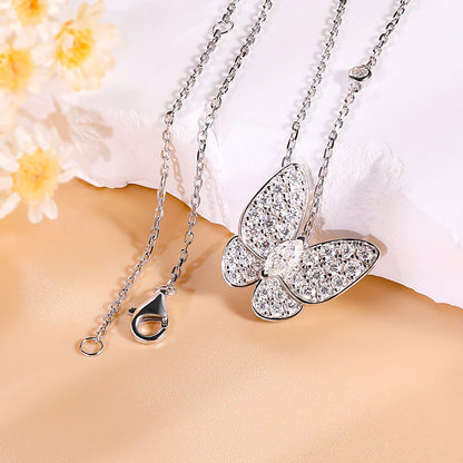 Moissanite Butterfly Marquise Cut Pendant Necklace, 18K White Gold Plated Adjustable Chain, 925 Sterling Silver Luxury Jewelry