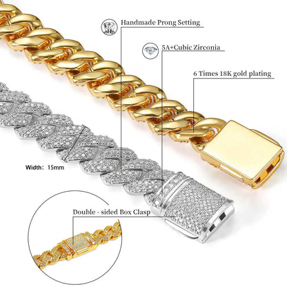 Iced Out 10-20mm Men's Miami Cuban Link Necklace Hip Hop CZ Zirconia Bling Prong Cuban Chain