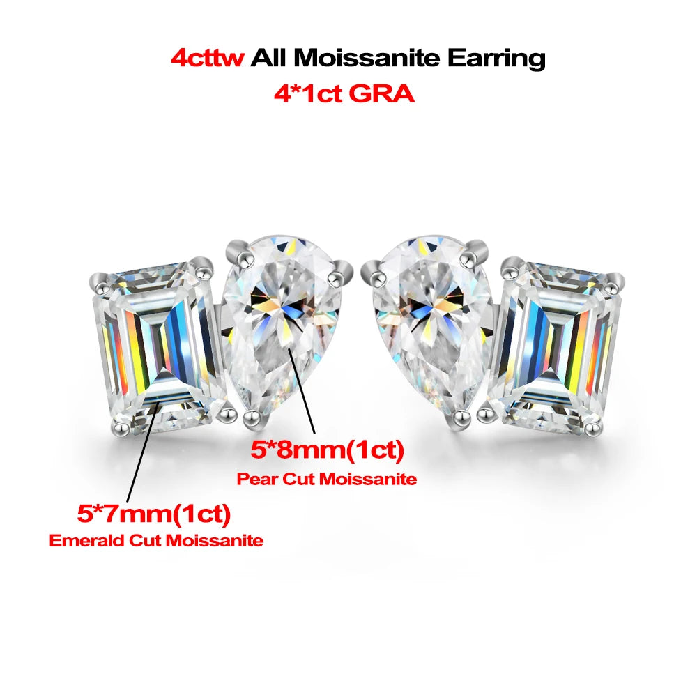 4cttw Smaragd- und Birnenschliff-Moissanit-Diamantohrringe für Frauen, GRA-zertifizierter S925-Sterlingsilber-Ohrstecker mit zwei Steinen, Schmuck
