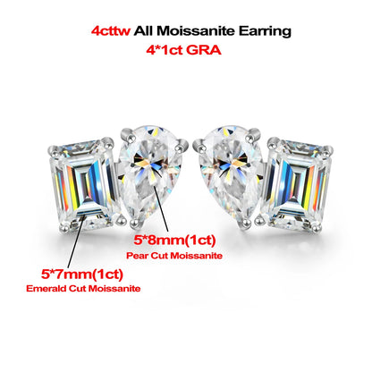 4cttw Smaragd- und Birnenschliff-Moissanit-Diamantohrringe für Frauen, GRA-zertifizierter S925-Sterlingsilber-Ohrstecker mit zwei Steinen, Schmuck