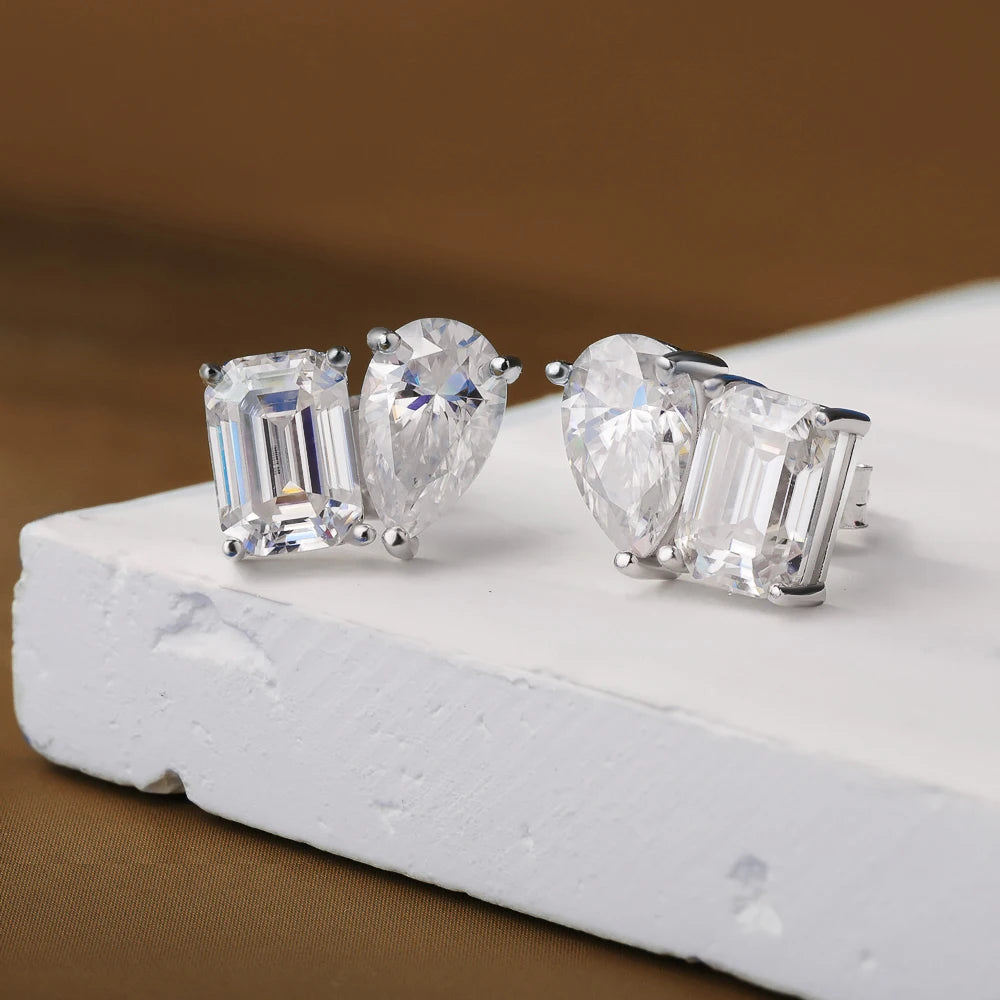 4cttw Smaragd- und Birnenschliff-Moissanit-Diamantohrringe für Frauen, GRA-zertifizierter S925-Sterlingsilber-Ohrstecker mit zwei Steinen, Schmuck