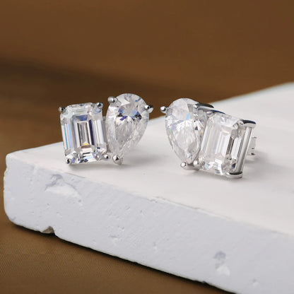 4cttw Smaragd- und Birnenschliff-Moissanit-Diamantohrringe für Frauen, GRA-zertifizierter S925-Sterlingsilber-Ohrstecker mit zwei Steinen, Schmuck