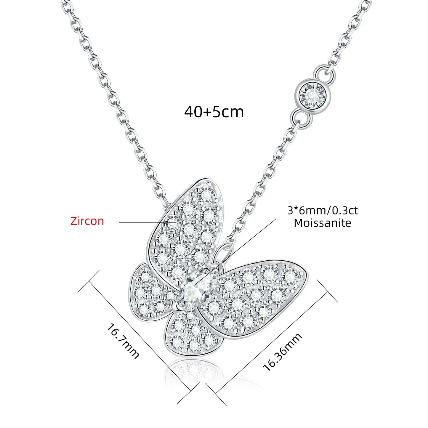 Moissanite Butterfly Marquise Cut Pendant Necklace, 18K White Gold Plated Adjustable Chain, 925 Sterling Silver Luxury Jewelry