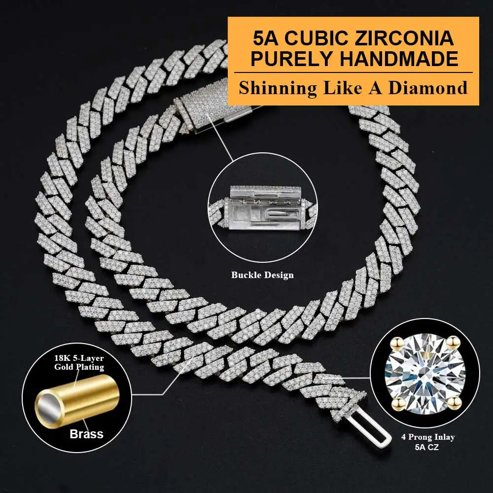 Iced Out 10-20mm Men's Miami Cuban Link Necklace Hip Hop CZ Zirconia Bling Prong Cuban Chain