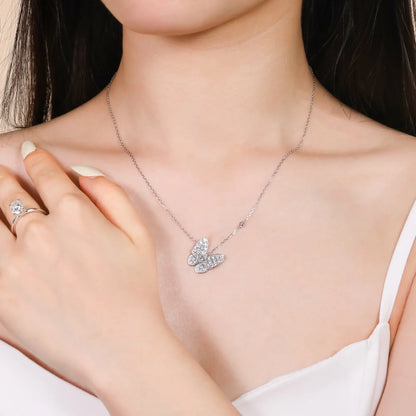 Moissanite Butterfly Marquise Cut Pendant Necklace, 18K White Gold Plated Adjustable Chain, 925 Sterling Silver Luxury Jewelry