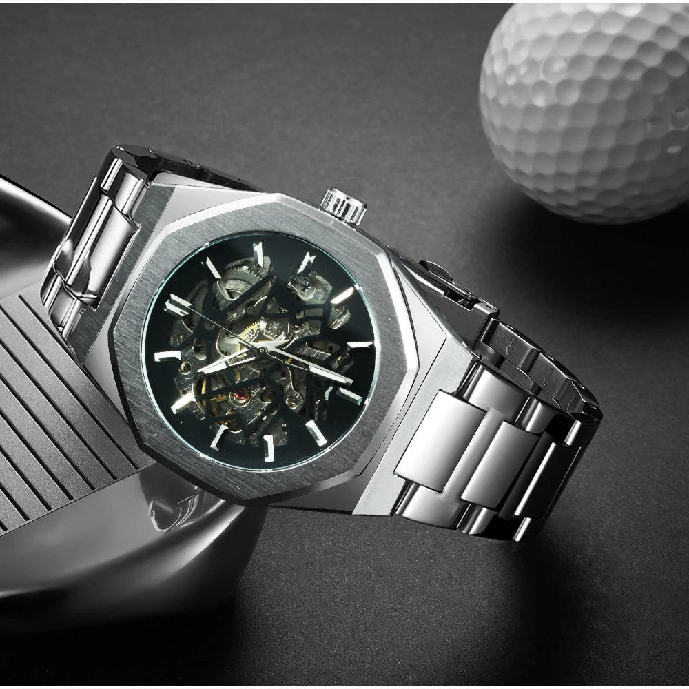 GEWINNER Schwarz Gold Skeleton Mechanische Uhren für Männer Mode unregelmäßige Automatische Uhr Luxus Marke Edelstahl Armband 2023