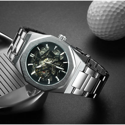 GEWINNER Schwarz Gold Skeleton Mechanische Uhren für Männer Mode unregelmäßige Automatische Uhr Luxus Marke Edelstahl Armband 2023