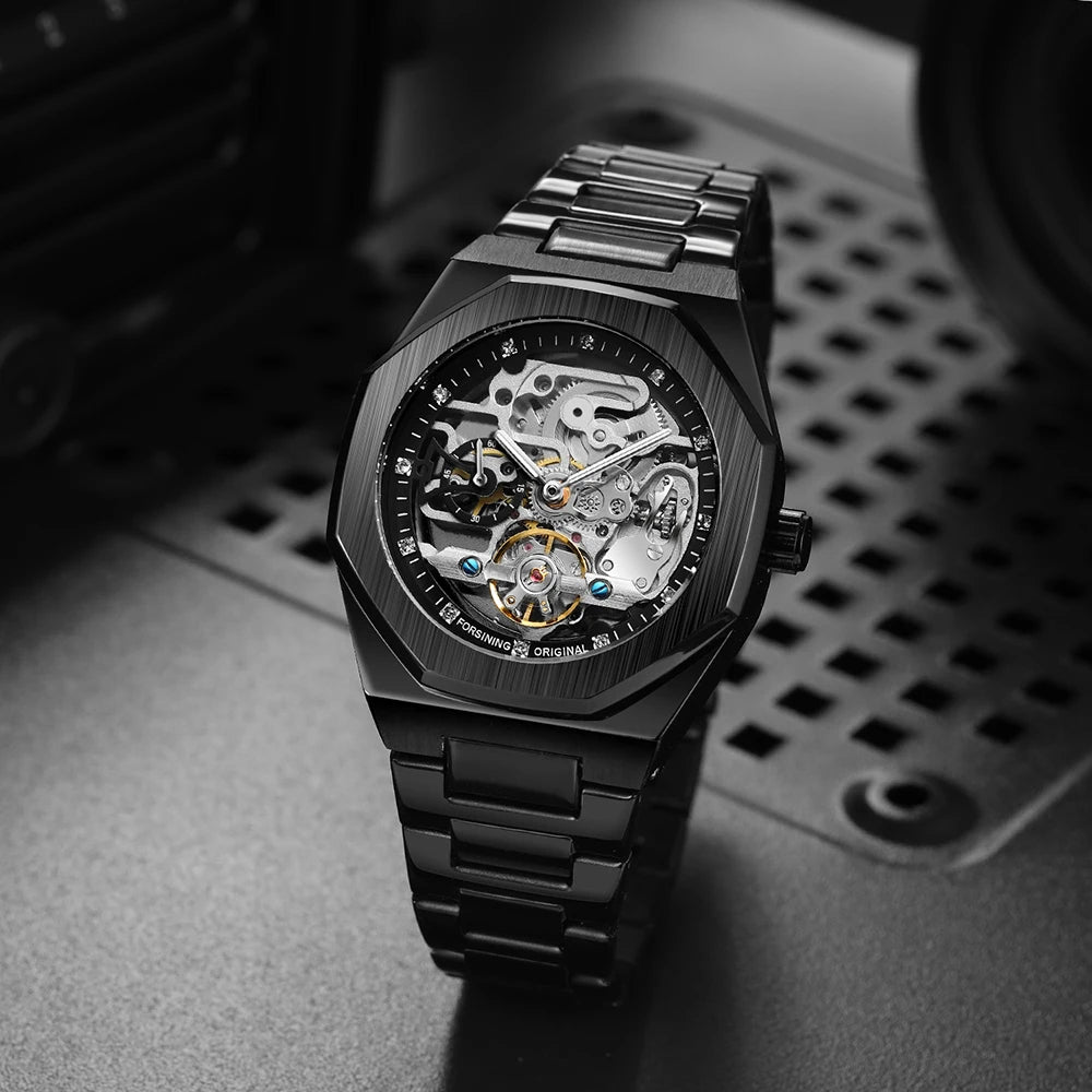 Forsining Lässige automatische mechanische Uhr für Herren, leuchtende Zeiger, Edelstahlarmband, modische Luxus-Skelett-Herrenuhren