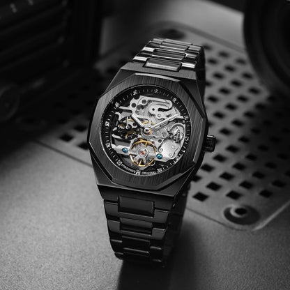 Forsining Lässige automatische mechanische Uhr für Herren, leuchtende Zeiger, Edelstahlarmband, modische Luxus-Skelett-Herrenuhren