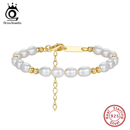 Orsa Jewels Elegant 14 Karat Gold Pearl Bracelet 925 Sterling Silver Freshwater Pearl Chain Bracelets for Women Party Jewelry gpb36