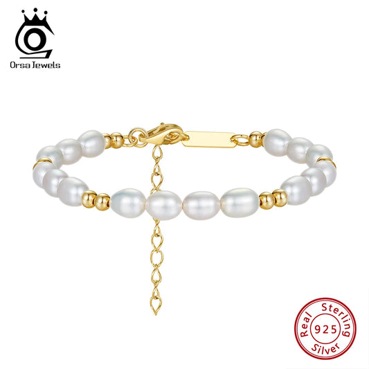 Orsa Jewels Elegant 14 Karat Gold Pearl Bracelet 925 Sterling Silver Freshwater Pearl Chain Bracelets for Women Party Jewelry gpb36