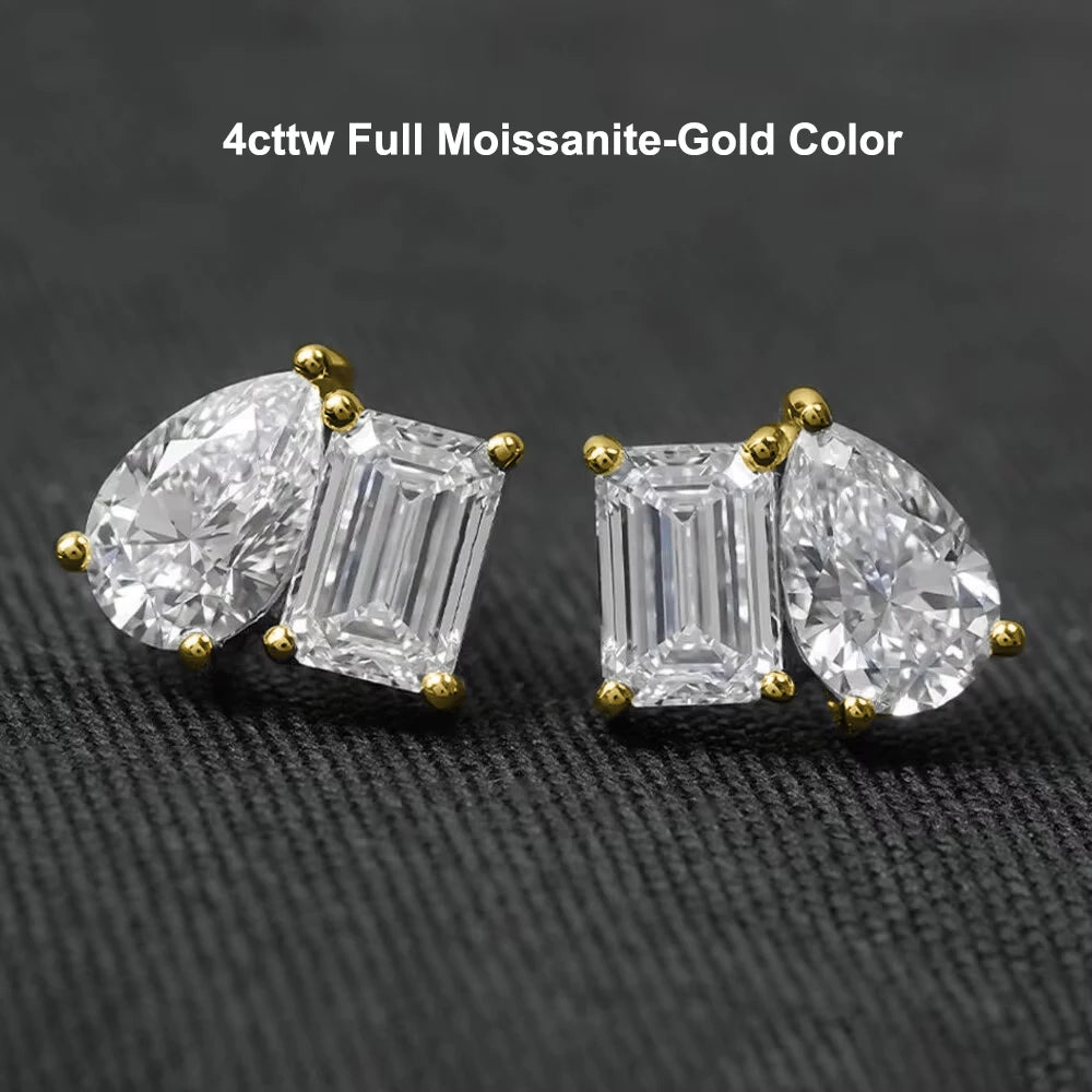 4cttw Smaragd- und Birnenschliff-Moissanit-Diamantohrringe für Frauen, GRA-zertifizierter S925-Sterlingsilber-Ohrstecker mit zwei Steinen, Schmuck