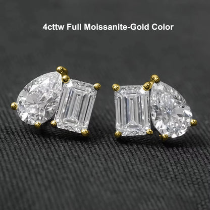 4cttw Smaragd- und Birnenschliff-Moissanit-Diamantohrringe für Frauen, GRA-zertifizierter S925-Sterlingsilber-Ohrstecker mit zwei Steinen, Schmuck