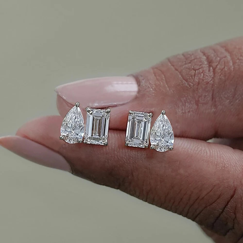 4cttw Smaragd- und Birnenschliff-Moissanit-Diamantohrringe für Frauen, GRA-zertifizierter S925-Sterlingsilber-Ohrstecker mit zwei Steinen, Schmuck