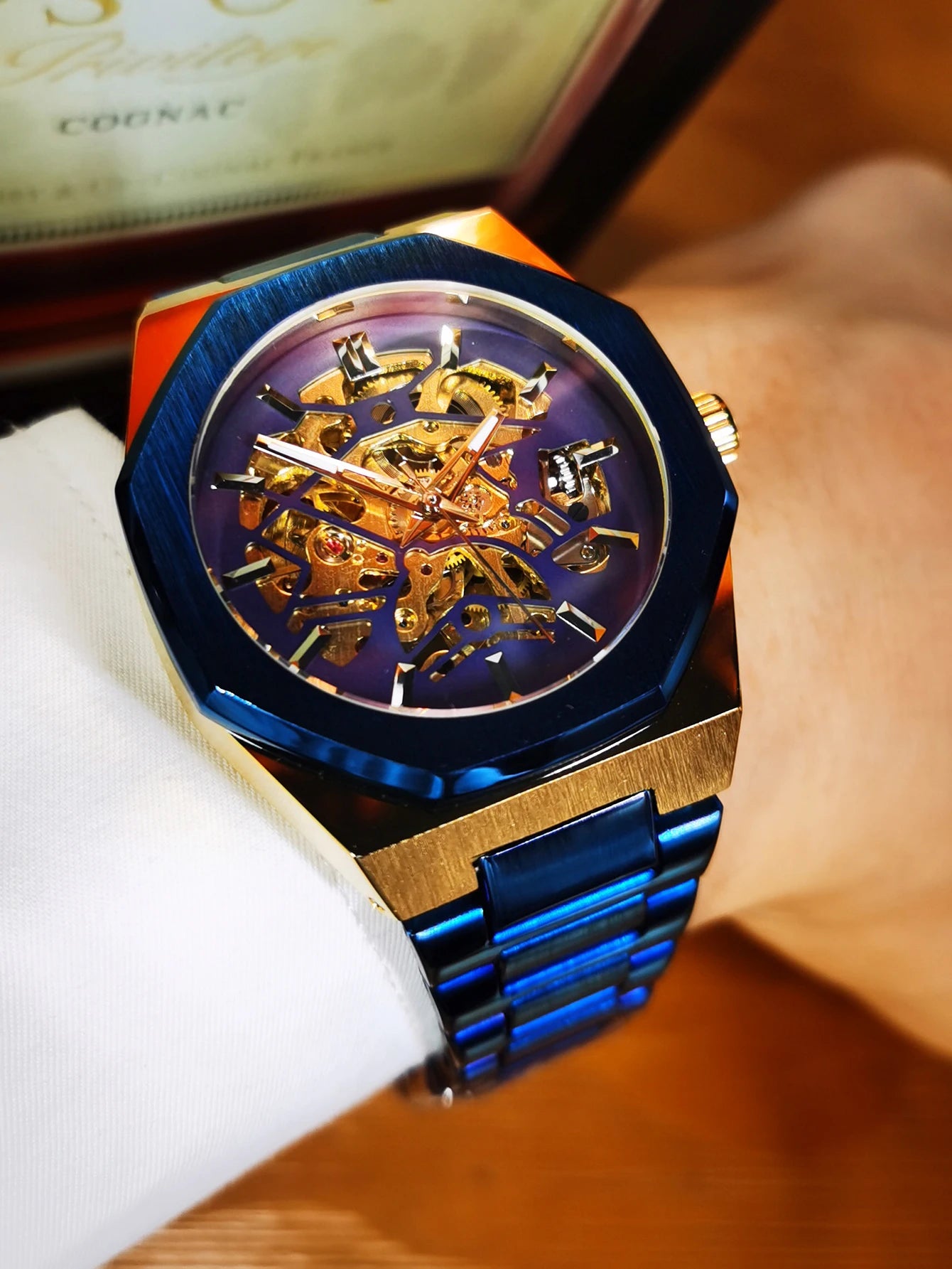 GEWINNER Schwarz Gold Skeleton Mechanische Uhren für Männer Mode unregelmäßige Automatische Uhr Luxus Marke Edelstahl Armband 2023