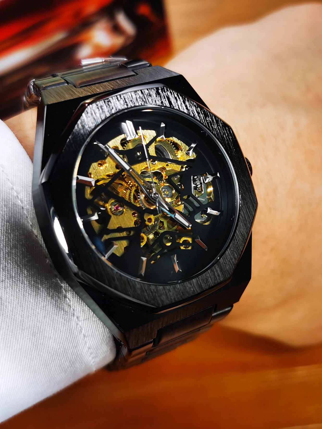 GEWINNER Schwarz Gold Skeleton Mechanische Uhren für Männer Mode unregelmäßige Automatische Uhr Luxus Marke Edelstahl Armband 2023