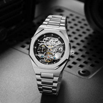Forsining Lässige automatische mechanische Uhr für Herren, leuchtende Zeiger, Edelstahlarmband, modische Luxus-Skelett-Herrenuhren