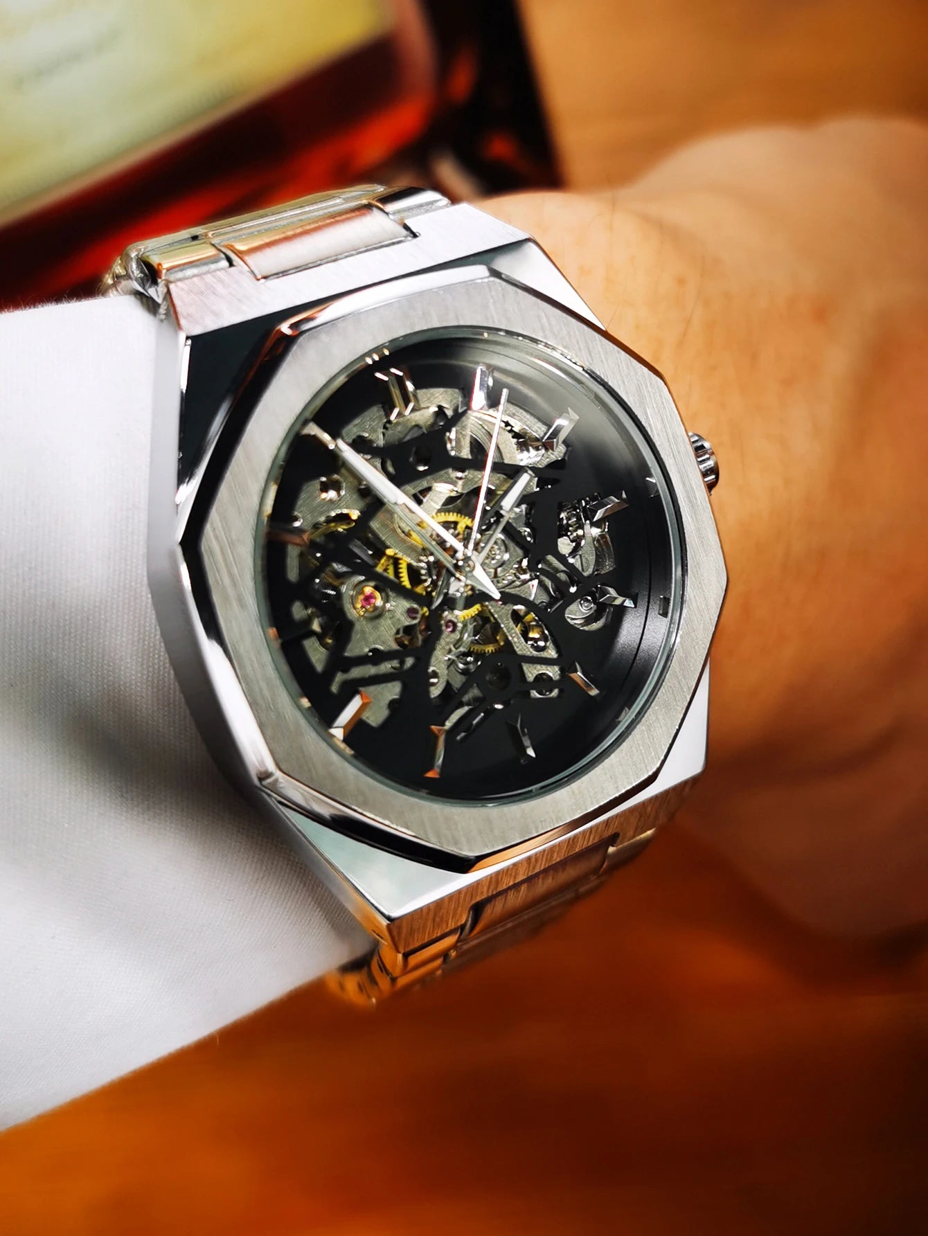 GEWINNER Schwarz Gold Skeleton Mechanische Uhren für Männer Mode unregelmäßige Automatische Uhr Luxus Marke Edelstahl Armband 2023