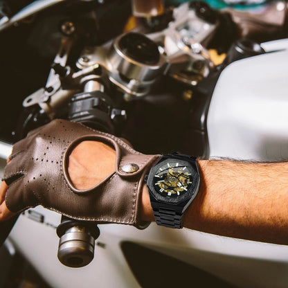 GEWINNER Schwarz Gold Skeleton Mechanische Uhren für Männer Mode unregelmäßige Automatische Uhr Luxus Marke Edelstahl Armband 2023