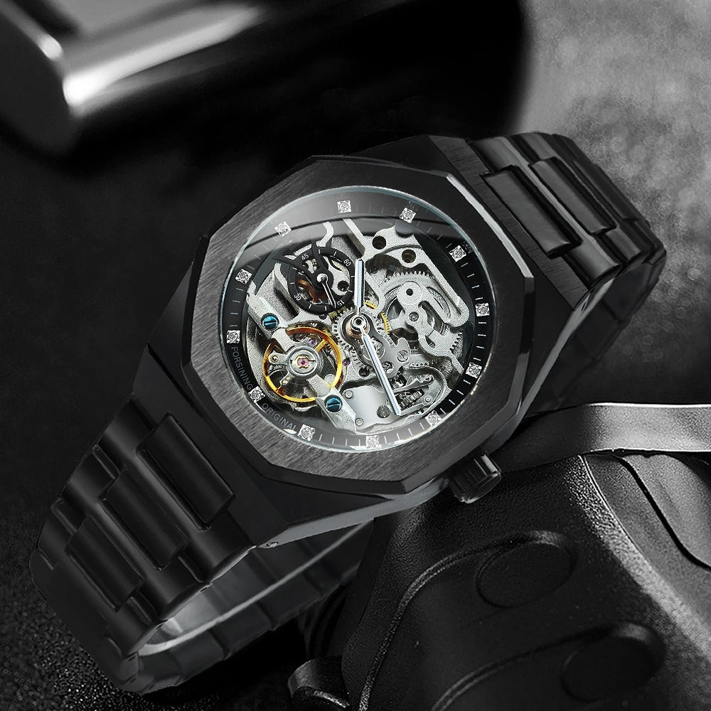 Forsining Lässige automatische mechanische Uhr für Herren, leuchtende Zeiger, Edelstahlarmband, modische Luxus-Skelett-Herrenuhren