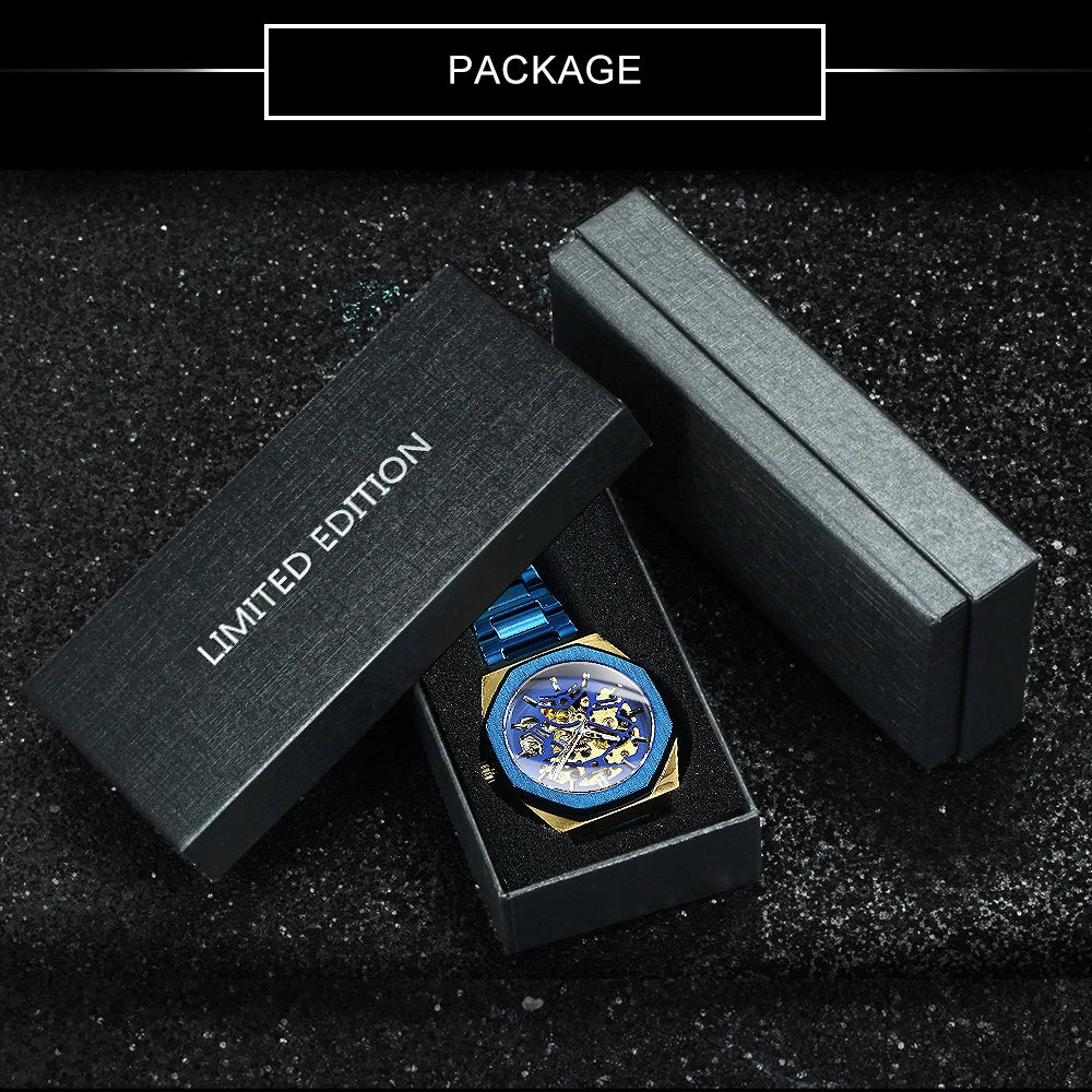 GEWINNER Schwarz Gold Skeleton Mechanische Uhren für Männer Mode unregelmäßige Automatische Uhr Luxus Marke Edelstahl Armband 2023