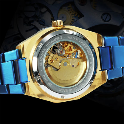 GEWINNER Schwarz Gold Skeleton Mechanische Uhren für Männer Mode unregelmäßige Automatische Uhr Luxus Marke Edelstahl Armband 2023