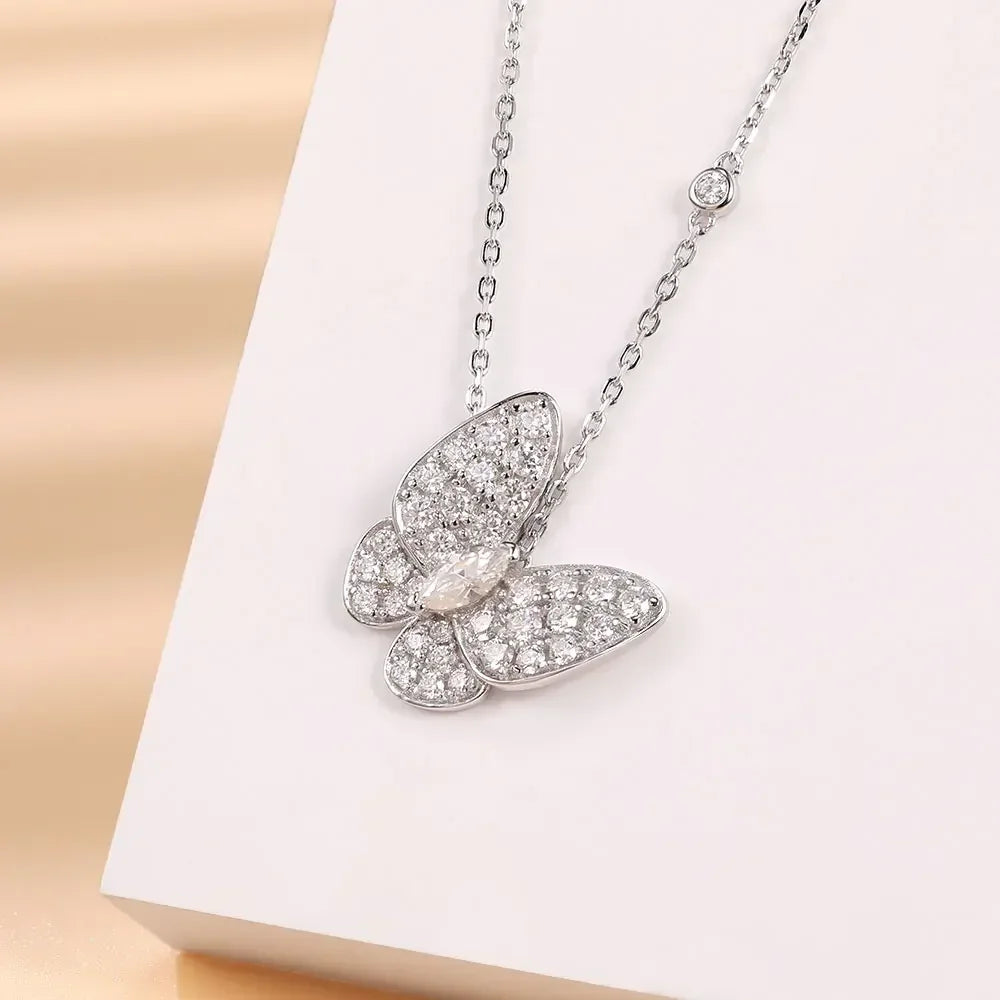 Moissanite Butterfly Marquise Cut Pendant Necklace, 18K White Gold Plated Adjustable Chain, 925 Sterling Silver Luxury Jewelry