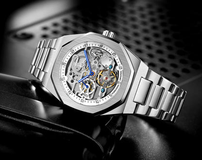 Forsining Lässige automatische mechanische Uhr für Herren, leuchtende Zeiger, Edelstahlarmband, modische Luxus-Skelett-Herrenuhren