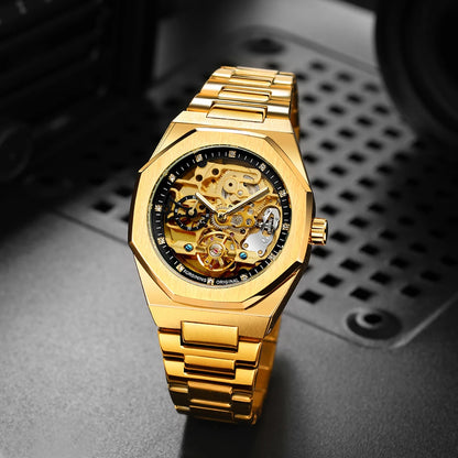 Forsining Lässige automatische mechanische Uhr für Herren, leuchtende Zeiger, Edelstahlarmband, modische Luxus-Skelett-Herrenuhren