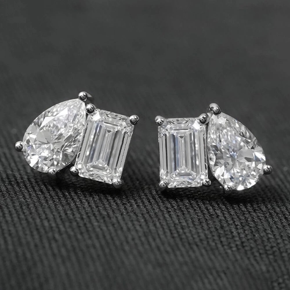 4cttw Smaragd- und Birnenschliff-Moissanit-Diamantohrringe für Frauen, GRA-zertifizierter S925-Sterlingsilber-Ohrstecker mit zwei Steinen, Schmuck