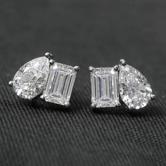 4cttw Emerald and Pear Cut Moissanite Diamond Earrings for Women, GRA Certified S925 Sterling Silver Two Stone Stud Earrings, Jewelry
