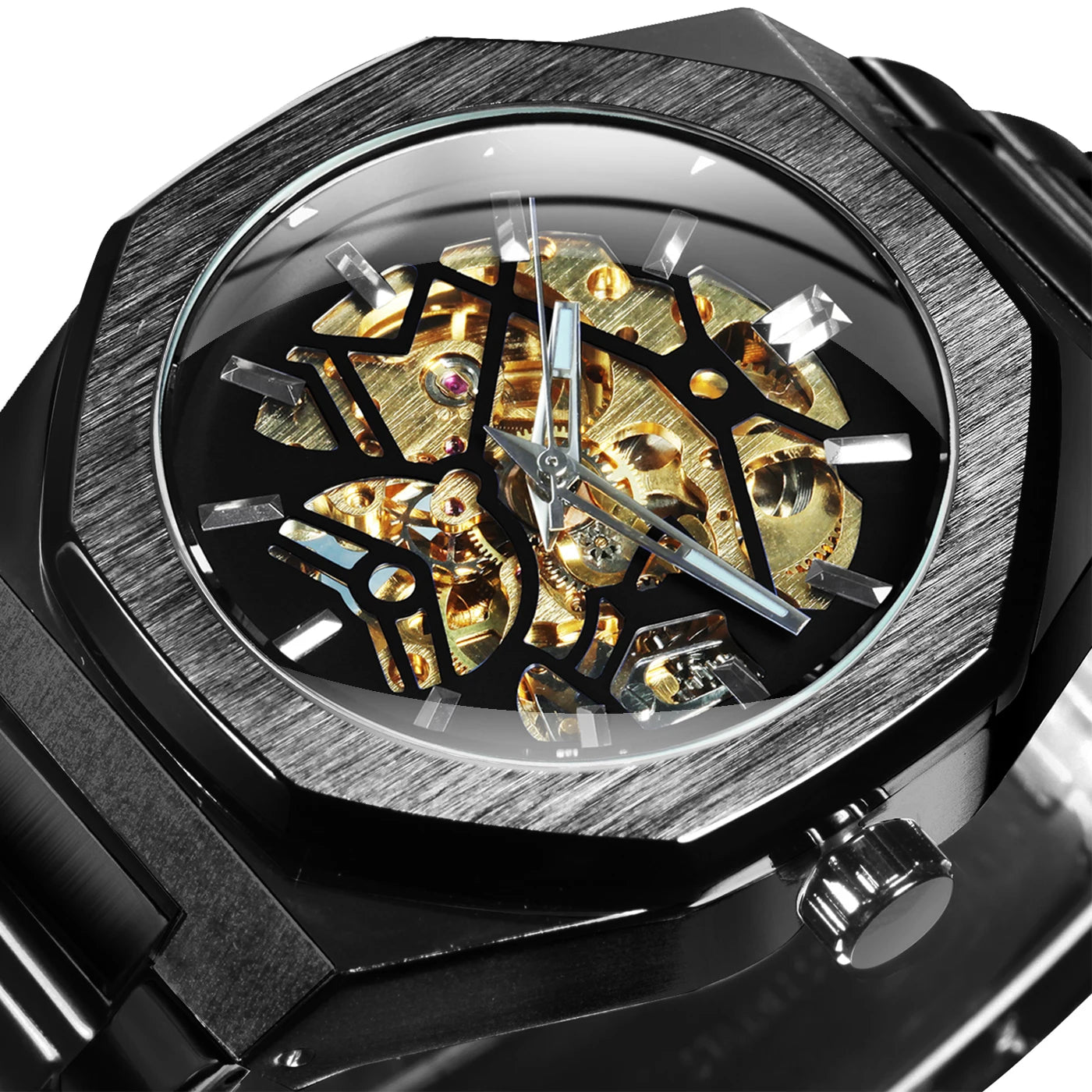 GEWINNER Schwarz Gold Skeleton Mechanische Uhren für Männer Mode unregelmäßige Automatische Uhr Luxus Marke Edelstahl Armband 2023