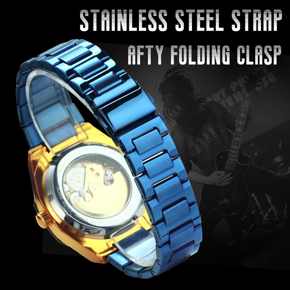 GEWINNER Schwarz Gold Skeleton Mechanische Uhren für Männer Mode unregelmäßige Automatische Uhr Luxus Marke Edelstahl Armband 2023
