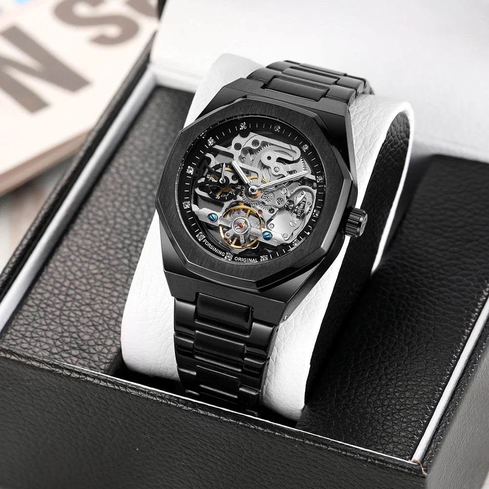 Forsining Lässige automatische mechanische Uhr für Herren, leuchtende Zeiger, Edelstahlarmband, modische Luxus-Skelett-Herrenuhren
