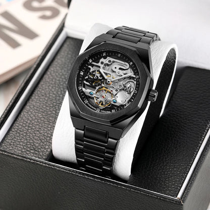 Forsining Lässige automatische mechanische Uhr für Herren, leuchtende Zeiger, Edelstahlarmband, modische Luxus-Skelett-Herrenuhren