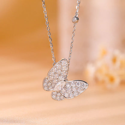 Moissanite Butterfly Marquise Cut Pendant Necklace, 18K White Gold Plated Adjustable Chain, 925 Sterling Silver Luxury Jewelry