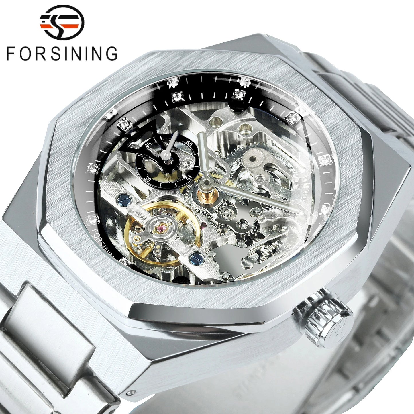 Forsining Lässige automatische mechanische Uhr für Herren, leuchtende Zeiger, Edelstahlarmband, modische Luxus-Skelett-Herrenuhren