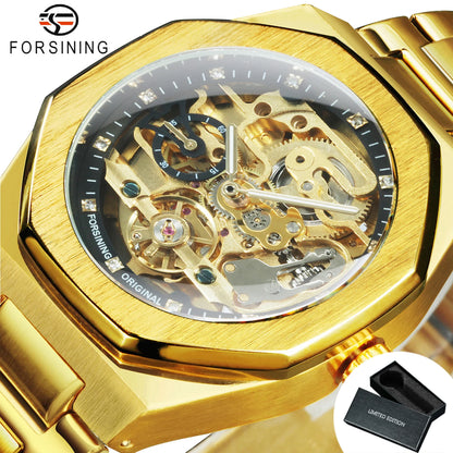 Forsining Lässige automatische mechanische Uhr für Herren, leuchtende Zeiger, Edelstahlarmband, modische Luxus-Skelett-Herrenuhren