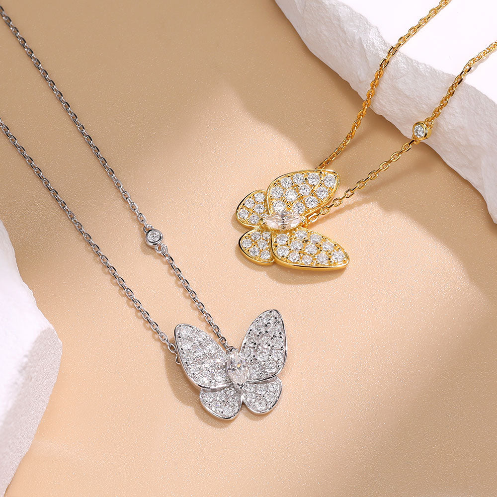 Moissanite Butterfly Marquise Cut Pendant Necklace, 18K White Gold Plated Adjustable Chain, 925 Sterling Silver Luxury Jewelry