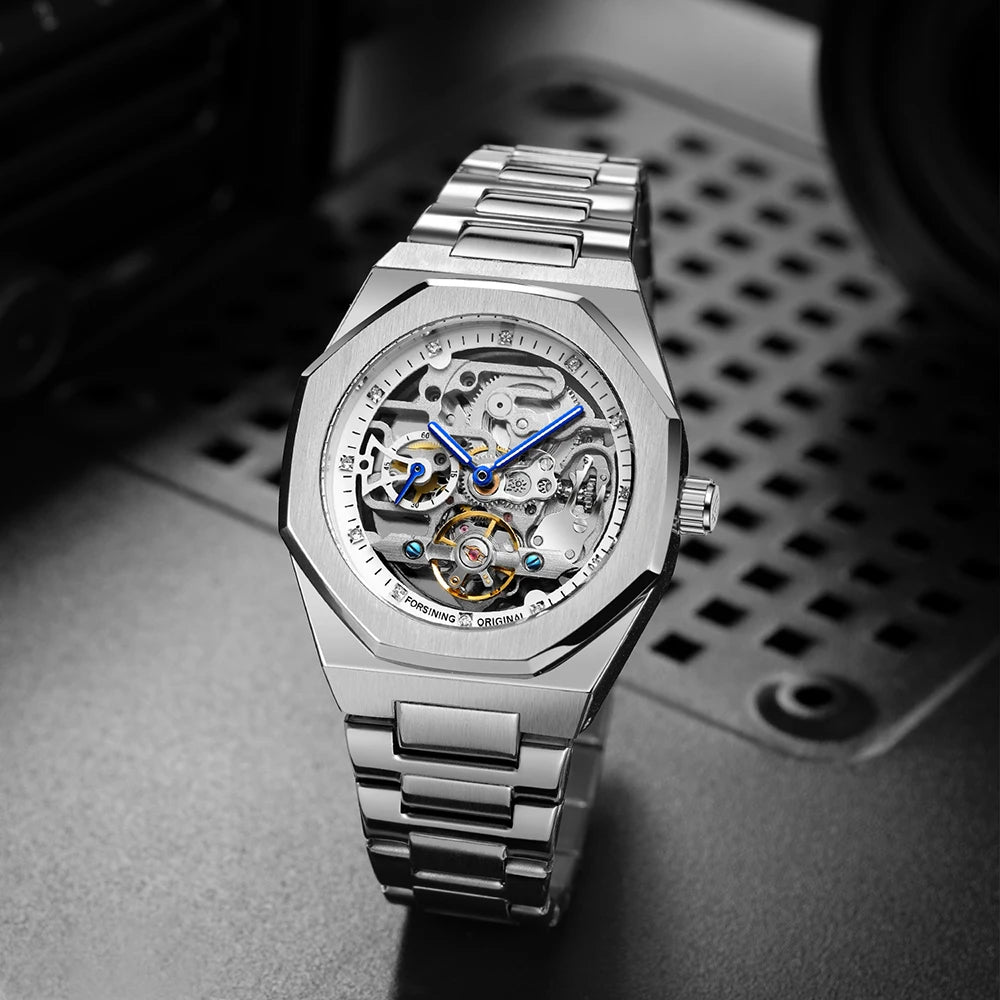 Forsining Lässige automatische mechanische Uhr für Herren, leuchtende Zeiger, Edelstahlarmband, modische Luxus-Skelett-Herrenuhren
