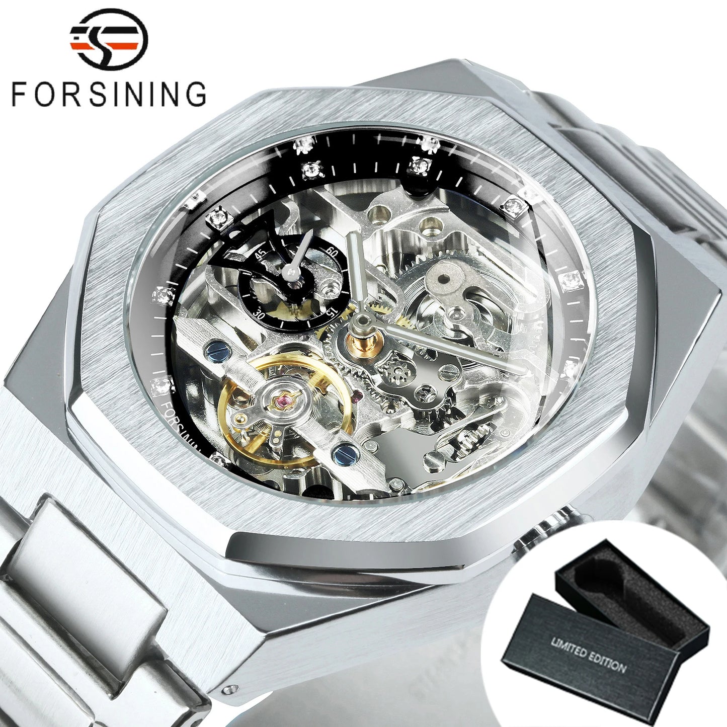 Forsining Lässige automatische mechanische Uhr für Herren, leuchtende Zeiger, Edelstahlarmband, modische Luxus-Skelett-Herrenuhren